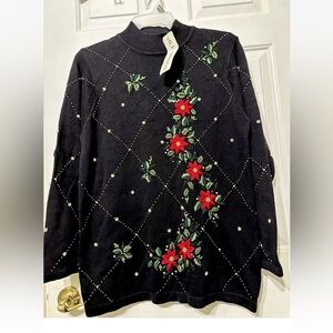 Vintage BP Design Women Pull Over Sweater Christmas Black Beaded Stockings Sz L